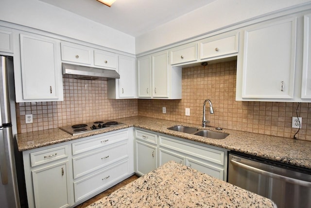 kitchen featuring under cabinet range hood, a sink, white cabinetry, appliances with stainless steel finishes, and decorative backsplash