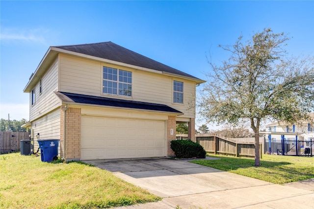 view of front of house featuring a garage, fence, central AC unit, and brick siding