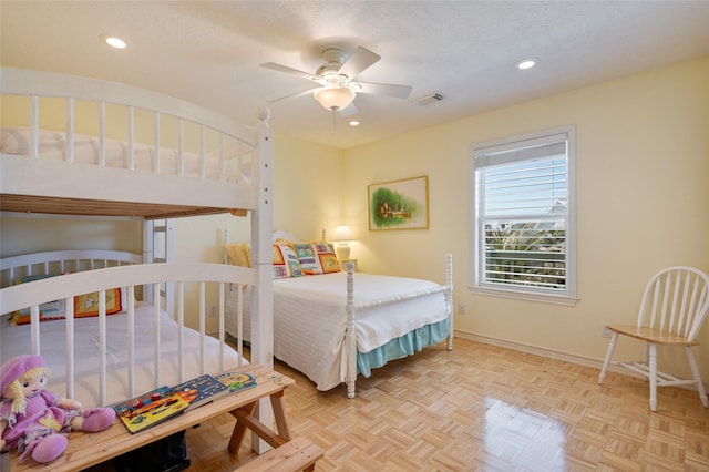 bedroom featuring baseboards, ceiling fan, a textured ceiling, and recessed lighting