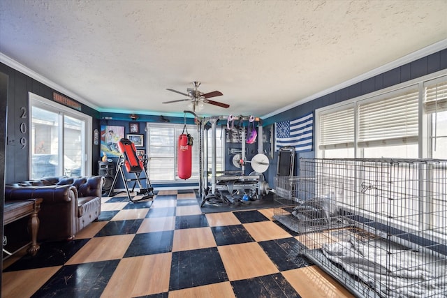 5502 Enchanted Timbers Dr, Humble, TX 77346 - exercise room featuring ornamental molding, ceiling fan, a textured ceiling, and tile patterned floors