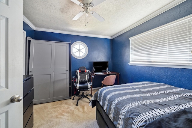 5502 Enchanted Timbers Dr, Humble, TX 77346 - bedroom with ornamental molding, light carpet, multiple windows, a textured ceiling, and a textured wall