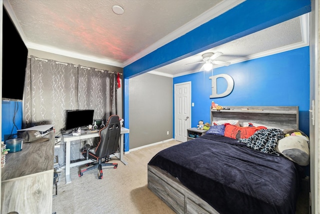 5502 Enchanted Timbers Dr, Humble, TX 77346 - carpeted bedroom with an office area, crown molding, a ceiling fan, a textured ceiling, and baseboards