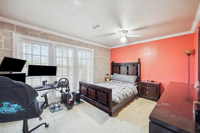 5502 Enchanted Timbers Dr, Humble, TX 77346 - bedroom featuring ornamental molding, a textured ceiling, carpet flooring, and ceiling fan