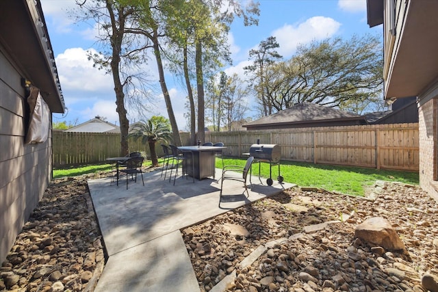 5502 Enchanted Timbers Dr, Humble, TX 77346 - fenced backyard featuring outdoor dining space, a patio area, and area for grilling