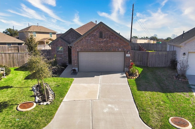 view of front of property featuring a garage, brick siding, concrete driveway, and a front yard