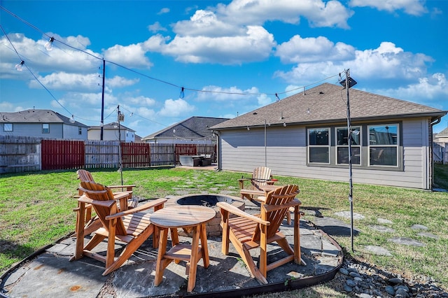 view of patio / terrace featuring an outdoor fire pit and a fenced backyard