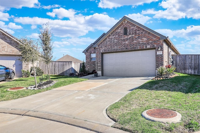 single story home with brick siding, fence, driveway, and a front lawn