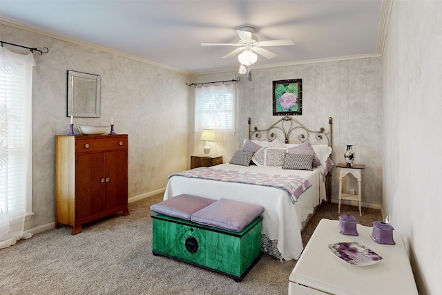 bedroom with baseboards, a ceiling fan, light colored carpet, and crown molding