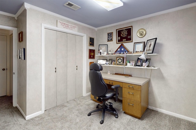 home office with ornamental molding, light colored carpet, and visible vents