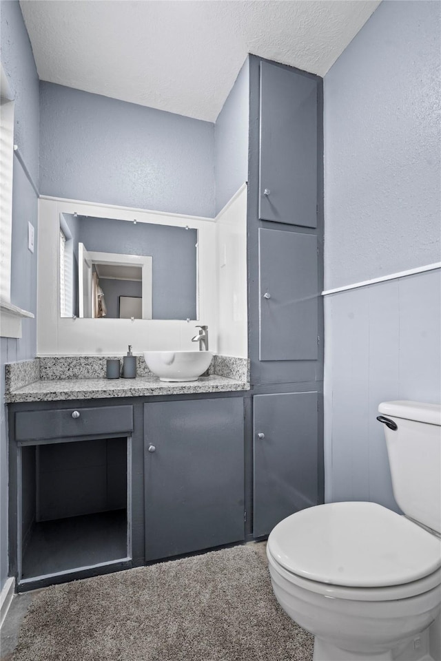 bathroom with toilet, a textured wall, wainscoting, and vanity