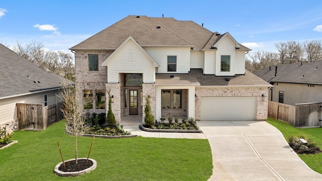 french country home featuring fence, a front lawn, and brick siding