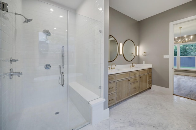 1614 Woodcrest Dr, Houston, TX 77018 - full bath featuring a shower stall, double vanity, baseboards, and marble finish flooring