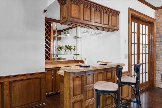 bar with ornamental molding, indoor wet bar, and dark wood finished floors