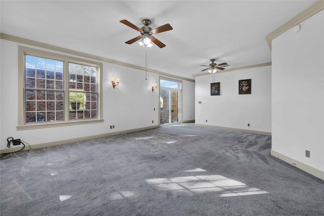 unfurnished room featuring baseboards, ceiling fan, carpet flooring, and crown molding