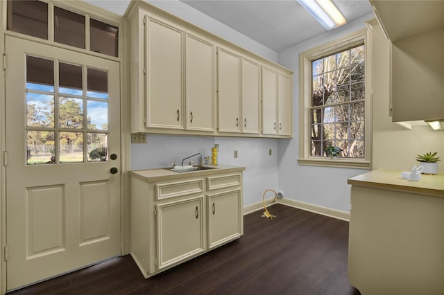 laundry area featuring cabinet space, plenty of natural light, baseboards, dark wood-style floors, and a sink