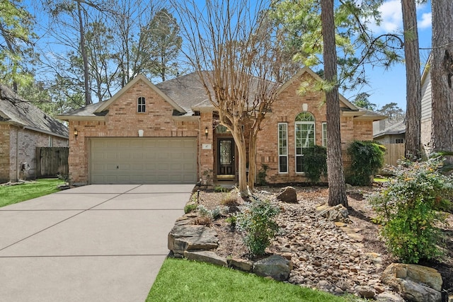 view of front of home with an attached garage, brick siding, a shingled roof, fence, and driveway