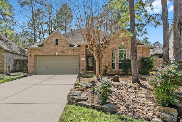 view of front of property with brick siding, a shingled roof, an attached garage, fence, and driveway