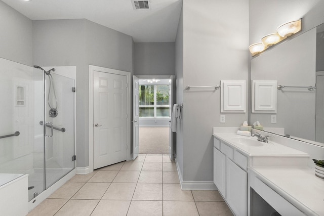 bathroom featuring visible vents, a shower stall, vanity, and tile patterned floors