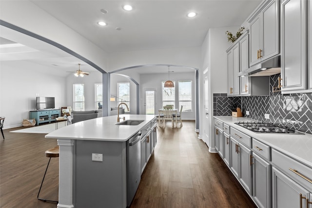 kitchen featuring arched walkways, gray cabinets, stainless steel appliances, under cabinet range hood, and a sink