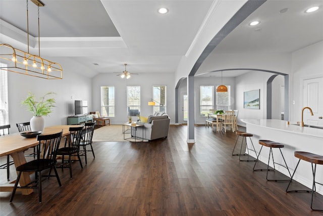 dining area featuring dark wood-style floors, baseboards, and arched walkways