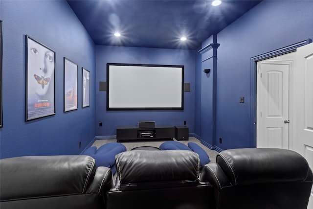 carpeted home theater featuring baseboards and recessed lighting