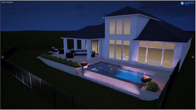 back of house at twilight with an outdoor living space with a fire pit, a patio, fence, and stucco siding