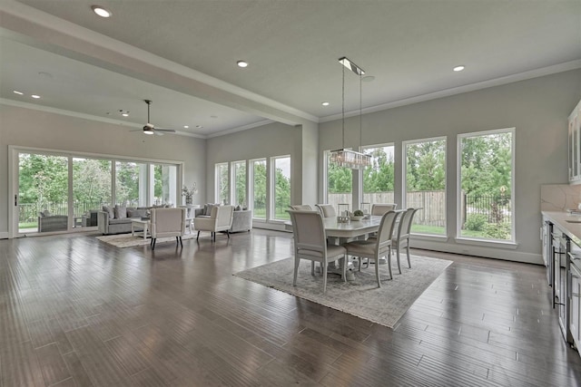 35 Papado Trails Cir, The Woodlands, TX 77375 - dining room with a ceiling fan, recessed lighting, dark wood-type flooring, ornamental molding, and baseboards
