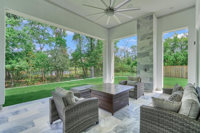 35 Papado Trails Cir, The Woodlands, TX 77375 - view of patio featuring a ceiling fan and an outdoor living space with a fireplace