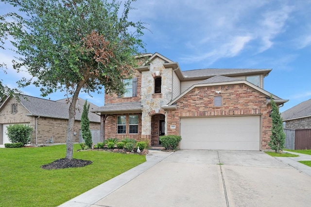 view of front facade featuring brick siding, concrete driveway, an attached garage, stone siding, and a front lawn