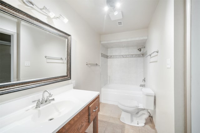 full bath featuring  shower combination, vanity, toilet, and tile patterned floors