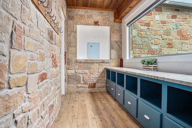 bathroom with wooden ceiling and wood-type flooring