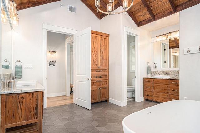 full bathroom with vaulted ceiling with beams, wood ceiling, visible vents, and a sink