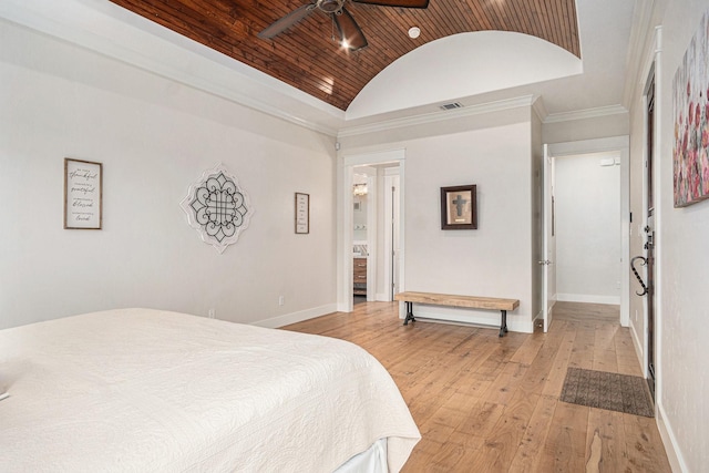 bedroom featuring lofted ceiling, visible vents, light wood-type flooring, wooden ceiling, and baseboards