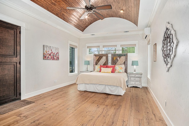 bedroom with crown molding, lofted ceiling, light wood-style flooring, wood ceiling, and baseboards