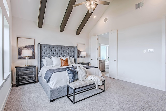 187 Peninsula Point Dr, Montgomery, TX 77356 - carpeted bedroom with high vaulted ceiling, baseboards, beamed ceiling, ensuite bathroom, and recessed lighting