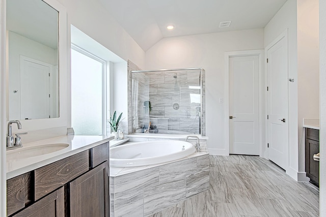 187 Peninsula Point Dr, Montgomery, TX 77356 - bathroom with a shower stall, a garden tub, vanity, and vaulted ceiling