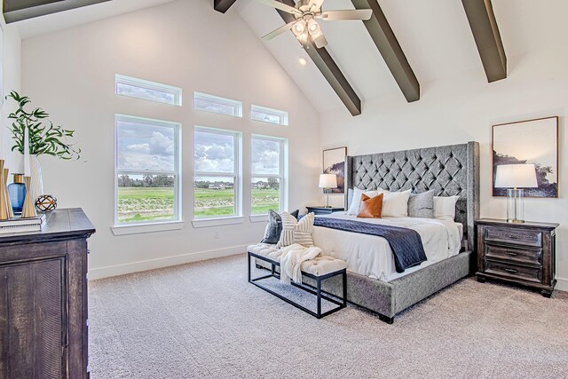 187 Peninsula Point Dr, Montgomery, TX 77356 - carpeted bedroom with baseboards, high vaulted ceiling, beamed ceiling, a ceiling fan, and recessed lighting