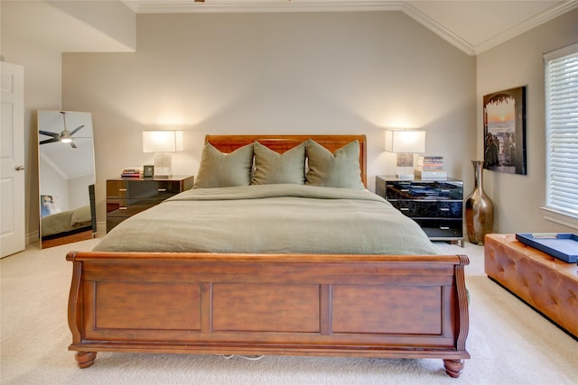 bedroom featuring light colored carpet, crown molding, and vaulted ceiling