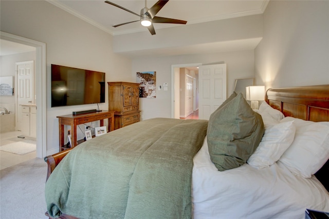 bedroom featuring ceiling fan, baseboards, ensuite bath, and ornamental molding