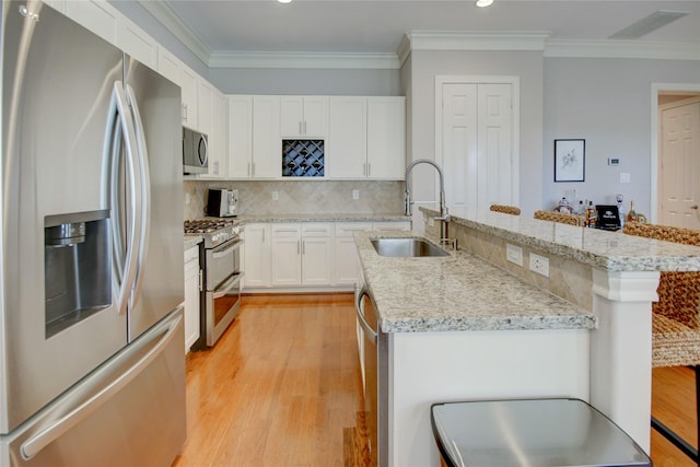 kitchen with a sink, crown molding, light wood-style flooring, and stainless steel appliances