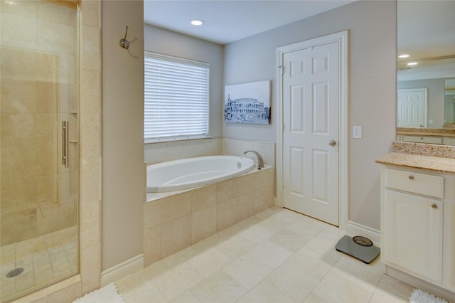 full bath featuring vanity, baseboards, recessed lighting, a shower stall, and a bath