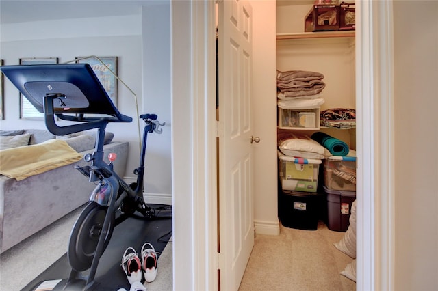 workout room with carpet flooring