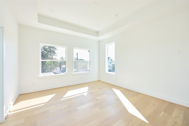 empty room with light wood finished floors, baseboards, and a tray ceiling