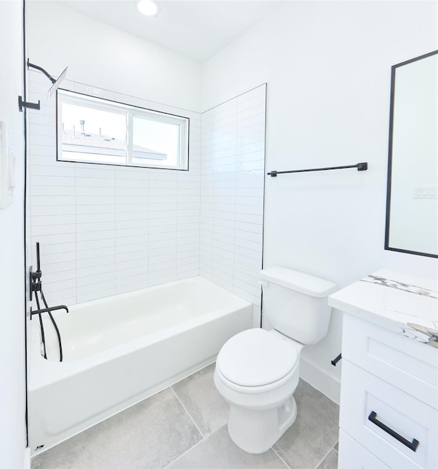 bathroom featuring shower / bathtub combination, vanity, tile patterned flooring, and toilet