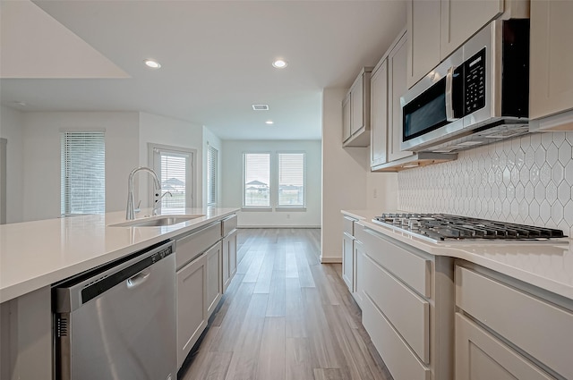 kitchen with stainless steel appliances, a sink, light countertops, backsplash, and light wood finished floors