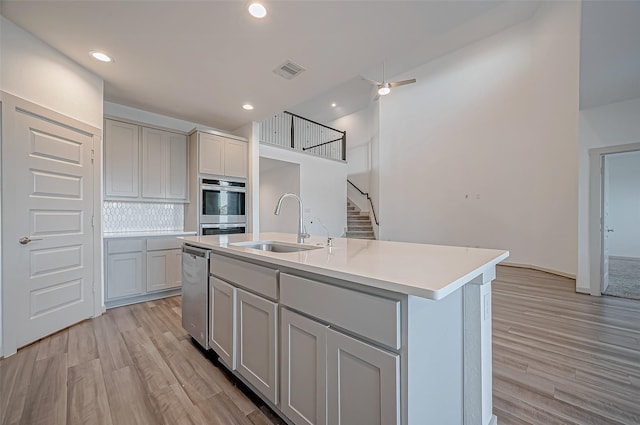 kitchen with light wood finished floors, visible vents, appliances with stainless steel finishes, a sink, and backsplash