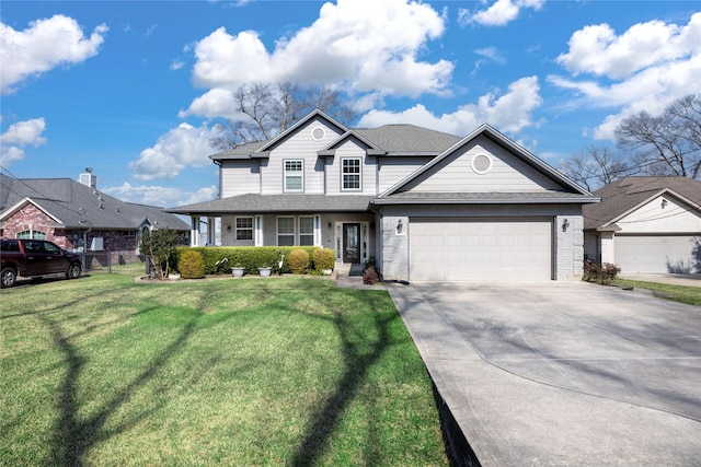 view of front of house featuring a garage, concrete driveway, fence, a front yard, and brick siding