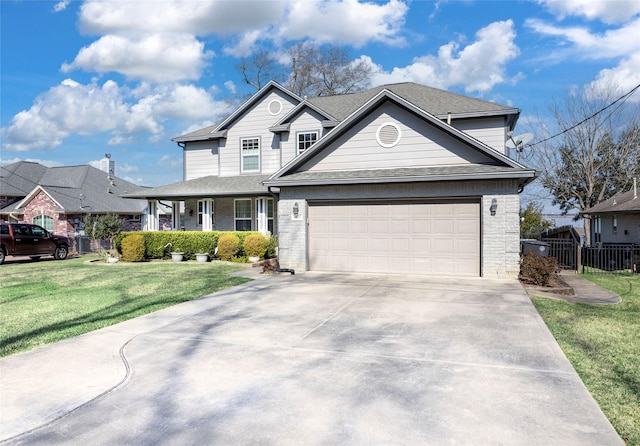 view of front of house with an attached garage, a shingled roof, fence, driveway, and a front yard