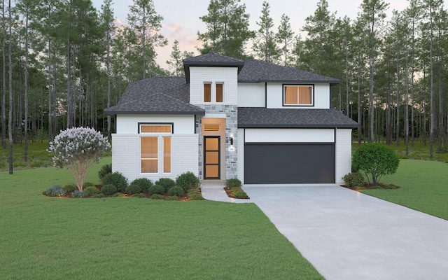 view of front of home with a garage, a front yard, brick siding, and driveway