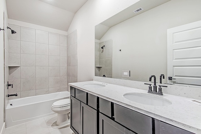 141 Peninsula Point Dr, Montgomery, TX 77356 - bathroom featuring toilet,  shower combination, vaulted ceiling, and double vanity
